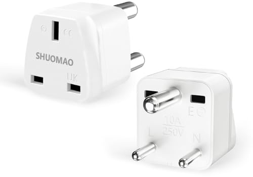 2-Pack UK to India Plug Adapter,SHUOMAO UK to 3 Pin Indian Travel Adaptor