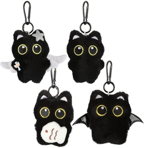 4 Stück Schwarze Katze Plüsch Schlüsselanhänger, Süße Taschenanhänger | mit Quietsch-Funktion, Cartoon Katze Plüsch Anhänger für Rucksack, Auto & Dekoration, Geschenk für Katzenliebhaber Frauen
