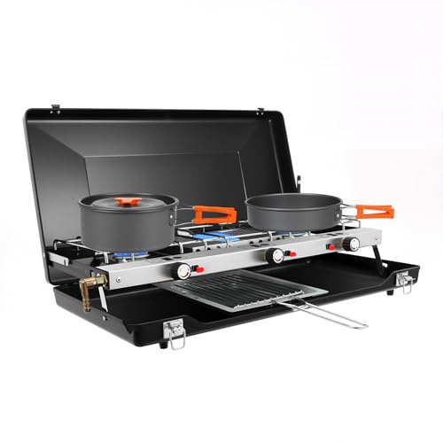 Fornello a gas a 3 fuochi, 4,5 kW, cucina da campeggio pieghevole con protezione antivento, campeggio per bombola del gas, fornello a gas da tavolo, potenza totale per campeggio, barbecue, escursioni