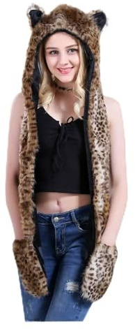 UK_Stone Damen 3 in 1 Kunstpelz Schal Handschuhe Mütze Set Verschiedene Süße Tiere Muster für Weihnachten oder Winter, Leopard