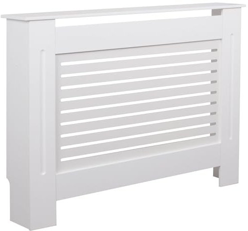 WOHNLING Panel de radiador de diseño WL5.745 Lacado Blanco Mate 112x82x19 cm | Panel del Calentador pequeño Cubierta del Calentador | Tapa de radiador de Listones de Madera