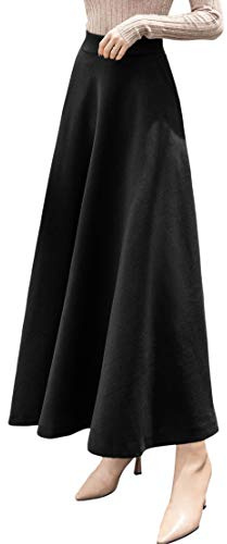 chouyatou Women's Fall Winter A-Line Swing Pleated Long Maxi Wool Skater Skirt (Small, Pocket-Black)