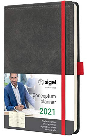 SIGEL C2157 Terminplaner Wochenkalender 2021, ca. A5, Hardcover, Vintage, Leder-Optik dunkelgrau, mit vielen Extras, Conceptum - weitere Modelle