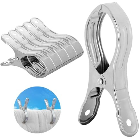 TOKERD 6 Pcs Grandes Pinces à Serviette de Plage Acier Inoxydable Gros Pinces à Linge pour Transat Grosse épingles pour Serviette, Couettes, Draps de Bain, Couverture, Vêtements, Durables Clips