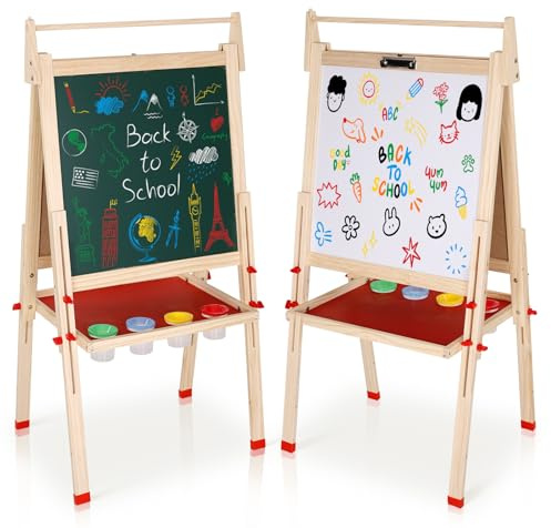 EAQ Easel for Kids, Art Easel for Kids Ages 4-8 Height Adjustable Wooden Painting Easel,Whiteboard Chalkboard with Paper Roll Holder,Letters and Numbers Magnets and Other Accessories