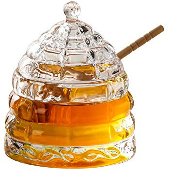 Omita Honey Pot with Dipper and Lid 10 oz Crytal Clear Honeycomb Wooden Stick Holder Container Hand Blown Heavy Glass Large Beehive Jars for Pie Jam Jelly Home Kitchen Storage