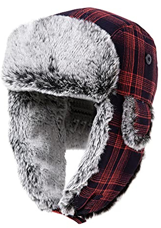 Comhats Trappermütze für Damen, Kunstfell, Fliegermütze mit Ohrenklappen, russischer Winterhut für kaltes Wetter, Herren, mit Fleece gefüttert, Rot, Größe L, 92676_red, L