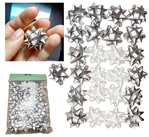 25 Stück Mini Geschenkschleifen in Silber und Weiß, Weihnachten Metallic Geschenkschleifen mit Selbstklebender Rückseite, Geburtstagsfeier Dekoration (25 Stück kleine Konfettischleifen)