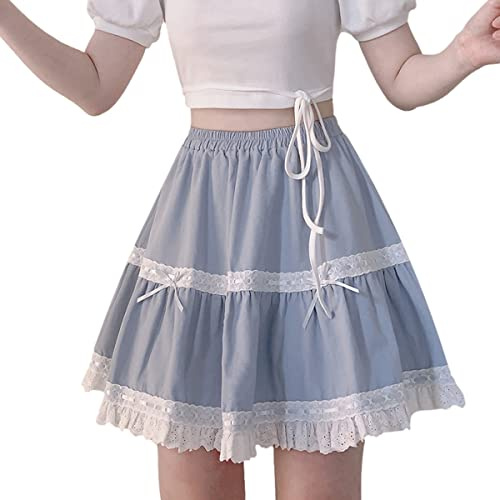 Söta kjolar för kvinnor tonårstjejer hög midja Lolita Kawaii vintage lager spetsfest A-linje minikjol, BLÅ, M