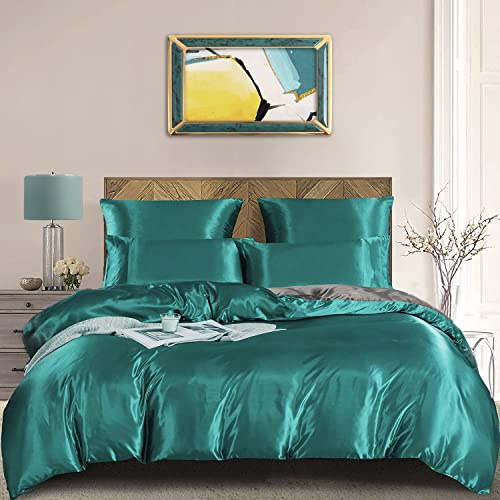 Damier Bettwäsche 200x200cm Satin Türkis Grau Glanzsatin Bettwäsche Set 3-teilig Seidig Glänzend Luxus Bettbezug mit Reißverschluss und 2 Kissenbezüge 80 × 80 cm