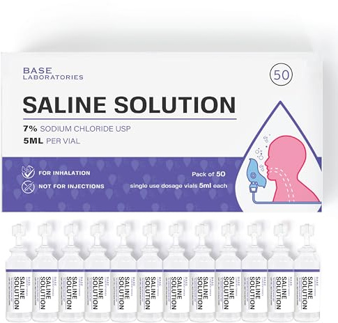 BASE LABORATORIES 7% Saline Solution for Nebulizer Machine | Saline Solution for Inhalation & Nasal Irrigation | High 7% Concentration l 50 Vials 5ml Unit Dose