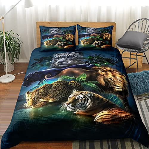 SHITOU Housse De Couette 200x200 Tigre Et LéOpard Bleu Encre Parure De Lit Universelle Quatre Saisons，Confortable Microfibre Parure De Lit 200x200 ​avec 2 Taie d'oreiller 65x65cm
