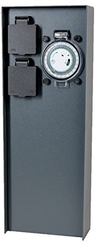 Grafner Edelstahl Design Gartensteckdose mit Zeitschaltuhr 2 Steckdosen, anthrazit, ON/AUTO, 3600 Watt, Pulverbeschichtung, Energiesäule Timer Mehrfach Metall Außen Steckdose 2-Fach schwarz lackiert