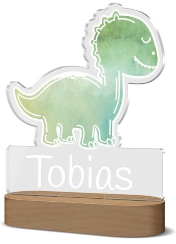 CHRISCK design Nachtlicht Dino mit Kindernamen - ideal für den Nachttisch als Schlummerlicht | mit dimmbaren LED-Holzsockel