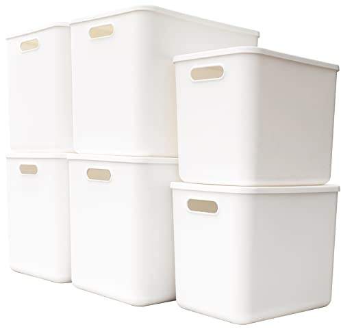 Yishyfier Plastic Storage Baskets Bins Boxes With Lids,Organizing Container White Storage Organizer Bins For Shelves Drawers Desktop Playroom Classroom Office,6-Pack(4XL+2L)