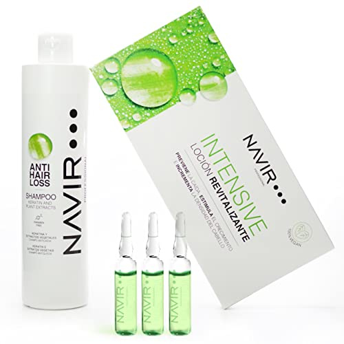 NAVIR Professional | Anti-håravfallsampuller + Anti-håravfallsschampo | Behandling med Vegetabilisk Placenta, Keratin och växtextrakt | Kvinnor och Män (Schampo 500 ml + Ampuller 10 x 10 ml)