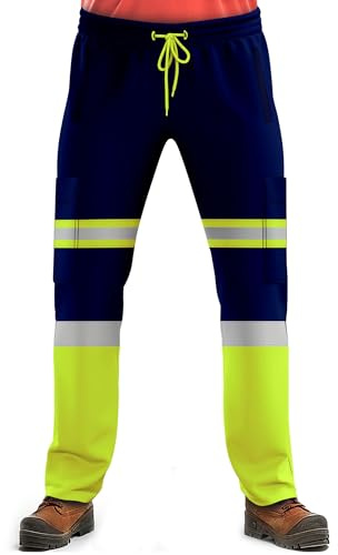 NOROZE Pantalones de Trabajo de Alta Visibilidad para Hombre, con Cinta Fluorescente Reflectante de Alta Visibilidad (XXL, Estilo 1: Verde Neón/Azul Marino)