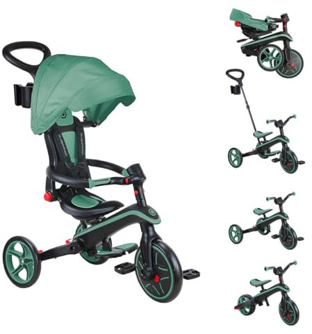 GLOBBER Explorer Trike Foldable 4in1 - Oliv grün - Dreirad, Laufrad und Kinderwagen in 10/8,5 Zoll - TPR-Sitz - höhenverstellbares Kinderfahrzeug