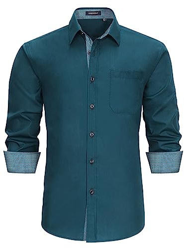 HISDERN Camisas Hombre Manga Larga Camisa Casual Hombres Formal Camisas de Vestir Slim Fit Shirt Esmeralda Oscuro XL