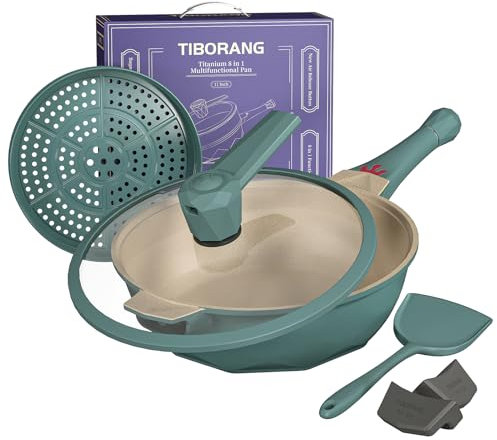 Tiborang Padelle 8 in 1 antiaderenti, padella da 28 cm con coperchio, pentola a vapore per cucinare, pentole tutto in uno per tutte le stufe, wok e padelle antiaderenti, senza PFAS/PFOA (blu foglia di
