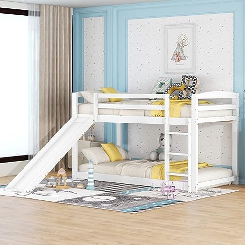 Cama Infantil Con Tobogán Litera 90x200cm Con Somier De Láminas Y Protección Contra Caídas Cama Juvenil Para Habitaciones Cama Alta Cama De Suelo Estructura Madera Maciza Cama De Invitados Blanco