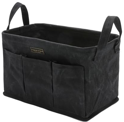 Storage Tool Case, 13.8 x 7.8 x 7.8 Inches, Rectangular Waxed Canvas Fabric Collapsible Tool Bag with Handles for Tools,Wrench Set,Screwdrivers (Black)