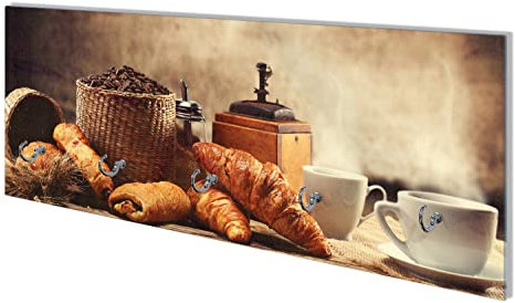 Wallario Wandgarderobe aus Glas in Größe 80 x 30 cm mit Memoboard-Funktion, Motiv: Französisches Frühstück mit Café und Croissants | 5 Kleiderhaken zum Aufhängen von Jacken