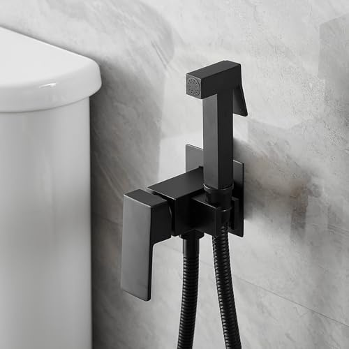 Bathfinesse Warm Water Bidet Sprayer Faucet for Toilet with Hot and Cold Brass Valve, Stainless Steel Square Handheld Bidet Attachment Set, Wall Mounted, Matte Black