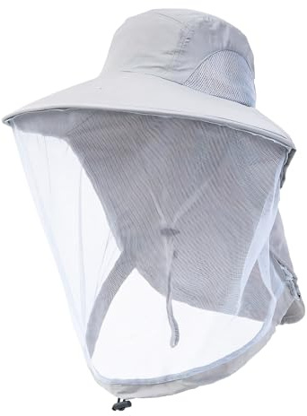 DEARBAG Biodlarhatt med slöja myggnät, biodling slöja hatt, myggnät hatt med dragsko, solhatt för biodlar/fiskare, biodlartillbehör biodling, biodlarmössa, biodlarmössa, grå