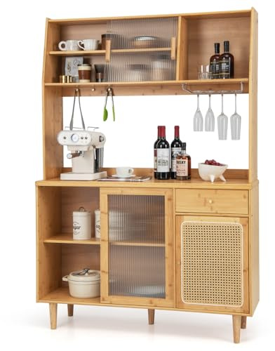 GOPLUS Buffet de Cuisine Haut en Bambou, Meuble de Rangement pour Bar à Vin avec Poignée, Porte Coulissante en Verre & Rotin, Crochets, Casier et Tiroir, pour Cuisine, Salle à Manger, 120x35x175cm