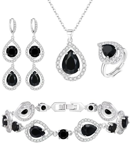 EVER FAITH 4 Stück Schmuck Set für Damen Teardrop Cubic Zirkonia Anhänger Halskette Ohrringe Tennis Armband und Offene Ring Sets für Party Hochzeit Schwarz Silber-Ton