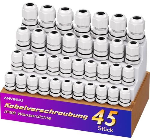 45 Stück Kabelverschraubung Set, ANVINKU 4 Typen Kabeldurchführung Wasserdicht, M12 M16 M20 M25 Nylon Kabeldurchführung Wasserdicht, IP68 Weiß Kabelverschraubungen Set mit Gegenmutter Kunststoff