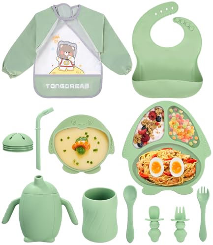 SinLaw Assiette Bebe, Lot de 11 Coffret Repas Bebe, Ensemble d'alimentation pour bébé en silicone, Assiette Ventouse pour Bébé, Vaisselle Bebe Sans BPA, Coffret Cadeau Naissance (Vert)