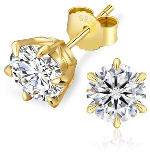 KRKC Moissanite Ohrringe für Damen, S925 Silber Diamant Ohrstecker 6-Krappen, 14K Gold vergoldet VVS1 D Farbe, 1,6 Karat Nickelfrei Rund Ohrschmuck