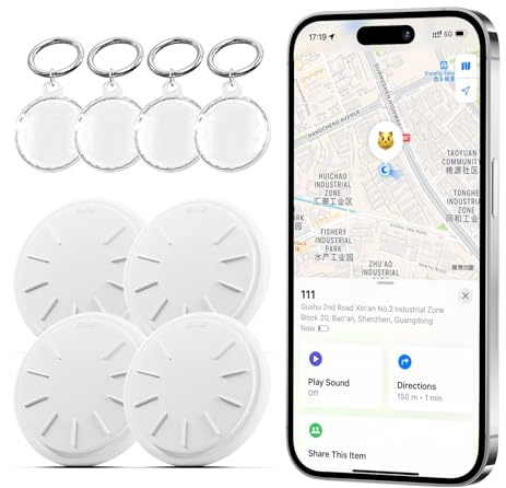Air Tag 4 Pack, Smart Tracker Key Finder for Apple Find My (iOS Only),Bluetooth Item Locator Suitable for Keys,Bags,Suitcase,Wallets,Pet,Replaceable Battery with Waterproof Keychains (HTAG 4P)