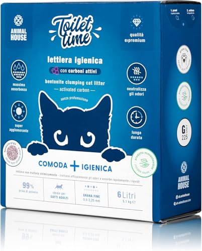 Animal House Toilet Time, 6L Bentonit-Katzenstreu mit Aktivkohle, antistatisch und sicher, extrem saugfähig, klumpend, geruchsbindend, 5,1 kg (Aktivkohle, 6L)