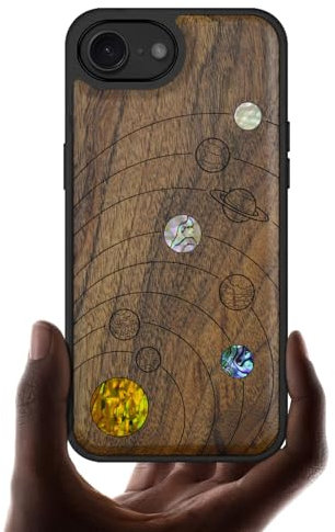 Carveit Magnetic Wooden Case for iPhone 16e, Wood Artisan Engraved & Handmade Shell Inlaid, TPU Shockproof Cove, Compatible with MagSafe Wireless Chargers, Solar System - Walnut