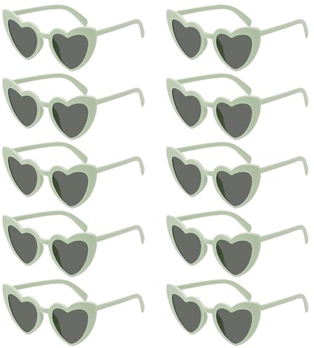 SelfTek 10 Pièces Lunettes de Soleil en Forme de Cœur, Lunettes Coeur Vintage, Tendance et Funky Lunette Evjf pour Mariage, Fêtes, Voyages, Lunette Festival Accessoires de Déguisement (Vert)