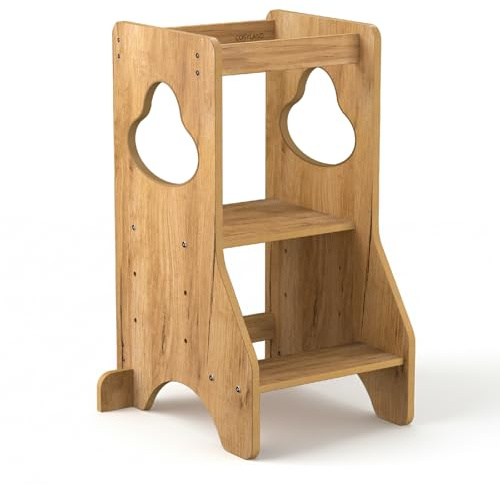 COSYLAND Torre de Aprendizaje Montessori de Madera para Niños Desde 18 Meses – Altura Ajustable en 3 Niveles – con Barandillas de Seguridad – Estable y Fácil de Montar – 80CM, Natural, Disco