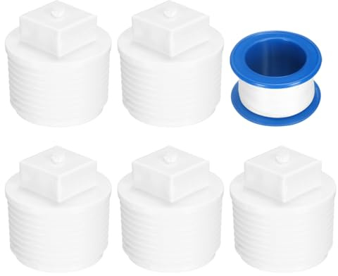 sourcing map 5Pcs 3/4 Inch PT Male Thread PVC Pipe Fitting Plug, Cleanout Plugs, Water Drain End Caps Coupling Adapter with Tape for Water Heater Supply Lines, Plumbing, White