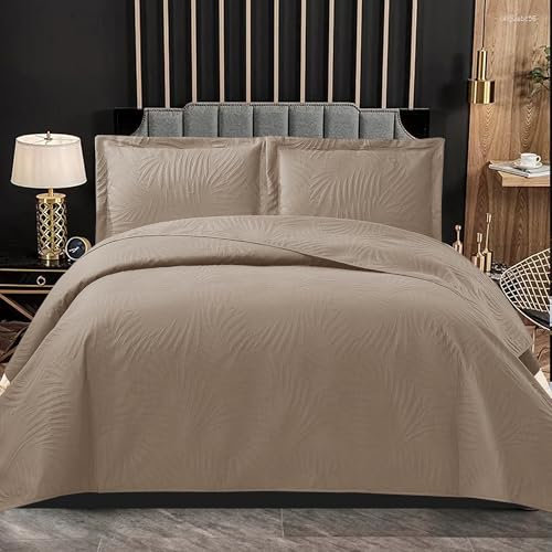 PHP Bedspread Bed Throws for Bedroom Decor - Decorative Embossed Tropical Leaf Pattern Quilted Fabric Reversible Quilt Bedspreads Coverlets with Pillow Case (Super King, Mink)