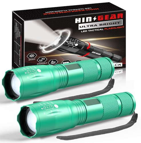 HinsGEAR 1 Mode Flashlights 2 Pack, Super Bright Zoomable LED Tactical Flashlight High Lumens, Water Resistant Portable Pocket Flash Light for Emergency, Camping, Home, and Gift - Turquoise