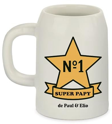 Chope de Bière Personnalisée 500 ml – N°1 Super Papy avec Prénoms – Cadeau Original Fête des Grands-Pères – Chope Étoile Dorée Imprimée