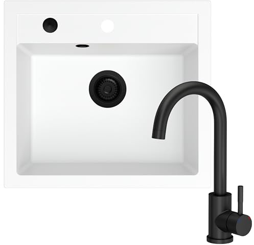 SINK QUALITY Spülbecken Weiß mit schwarzen Armatur 56x51cm - Granitspüle Set mit Küchenarmatur, Siphon Schwarz und Imprägnierung - Spüle für Unterschränke ab 60 cm Breite - Waschbecken für Küche