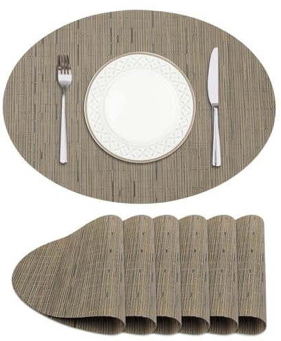 Privalace Braun Oval Platzsets Abwaschbar 6er Set,Tischsets PVC Geflochten,rutschfest Hitzebeständig Platzdeckchen für Küche Esszimmer