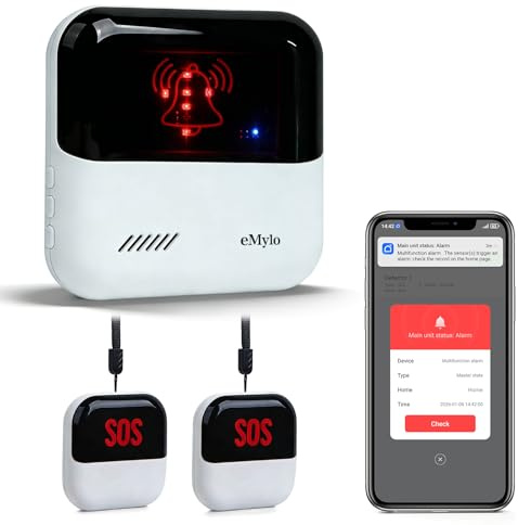 eMylo WiFi Caregiver Pager Call Buttons with Medical Emergency Life Alarm System for Elderly at Home, App Alerts, No Monthly Fee, 2 SOS Panic Buttons + 1 Receiver for Patient Seniors Disabled 426Ft