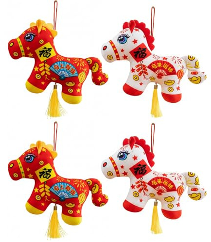 Lot de 4 décorations du Nouvel An chinois 2026 Cheval chinois Lunaire Nouvel An Décorations Mascotte en peluche Pendentifs Salon Chambre Voiture Bureau Décoration Cadeau Nouvel An