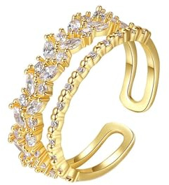 Ayoiow Freundschaftsringe 585 Gold 14K Gelbgold, Doppelte Reihe Weiß Offen Diamant Trauring 585 Gold, Goldring Echtgold für Freundin