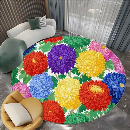 Round Rug 60 cm Hand-Drawn Plants Chrysanthemums Carpet Living Room, White Area Rugs Washable Non Slip Soft Short Pile Carpets Bedroom Bathroom Decorations