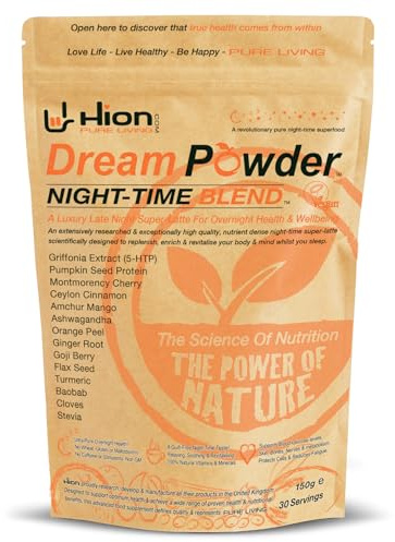 Hion Dream Powder – UK Made Superfood | 14 Powerful Botanicals (Griffonia 5‑HTP, Cinnamon, Cherry, Ashwagandha) to Relax, Aid Sleep & Support Overnight Recovery | Vegan, Gluten‑Free | 30 Servings